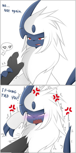 2_panel_comic blush blush_lines claws cross-popping_vein dialogue duo fangs female fur hair interrobang neck_tuft profanity red_eyes simple_background suggestive tail teeth text tuft white_background white_body white_fur white_hair nakachidragon nintendo pokemon absol generation_3_pokemon mammal pokemon_(species) 2025 comic digital_media_(artwork) english_text hi_res