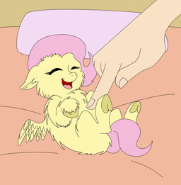 ambiguous_feral ambiguous_gender bedding duo eyelashes eyes_closed feathered_wings feathers feral fingernails fur giggling hair hooves light_body light_skin lying mostly_offscreen_character nails on_back open_mouth open_smile pink_hair pink_tail quadruped smile solo_focus spreading tail tickling wings yellow_body yellow_fur yellow_hooves yellow_wings young young_ambiguous young_feral foxhoarder soulvei fluffy_pony friendship_is_magic hasbro my_little_pony mythology fluttershy_(mlp) equid equine fluffy_pony_(species) mammal mythological_creature mythological_equine pegasus absurd_res digital_media_(artwork) english_description flat_colors hi_res
