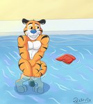 accident accidental_exposure anthro bottomwear clothing covering covering_crotch covering_self embarrassed fur male mascot nude orange_body orange_fur pool public public_nudity shorts solo standing stripes underwater water daison_the_fox frosted_flakes kellogg's tony_the_tiger felid mammal pantherine tiger hi_res