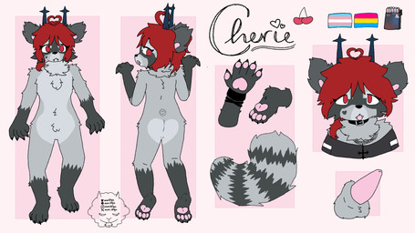 anthro belt_collar bracelet butt butt_heart cherry chest_tuft cigarette claws cross digitigrade eyeliner fangs fluffy fluffy_tail food fruit fur grey_body grey_fur hair heart_(marking) horn inverted_cross jewelry lgbt_pride looking_back makeup male markings neck_tuft necklace pansexual_pride_colors pawpads pink_pawpads plant pride_colors red_eyes red_hair solo striped_markings striped_tail stripes tail tail_markings teeth tongue tongue_out tuft mun-shipu mammal procyonid raccoon 16:9 4k absurd_res hi_res widescreen trans_(lore)