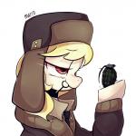 blonde_hair clothing explosives female grenade hair hat headgear headwear jacket necktie purple_eyes solo topwear ushanka weapon marenlicious hasbro my_little_pony march_gustysnows_(mlp) earth_pony equid equine horse mammal pony 1:1 2015 lol_comments