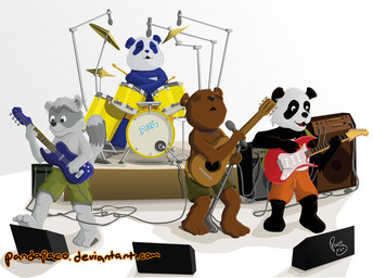 acoustic_guitar amplifier anthro bass_guitar black_nose blue_body blue_fur bottomwear brown_body brown_fur cable clothed clothing drum drum_set drumming drumming_stick electric_guitar electronics eyes_closed front_view fur green_bottomwear green_clothing green_shorts grey_body grey_fur group guitar holding_guitar holding_musical_instrument holding_object male male_anthro microphone mouth_closed musical_instrument open_mouth orange_bottomwear orange_clothing orange_shorts percussion_instrument percussion_mallet playing_music plucked_string_instrument shorts simple_background singing sitting speaker standing string_instrument topless white_background young young_anthro young_male pandapaco nemorio nico_(pandapaco) bear giant_panda mammal procyonid raccoon hi_res