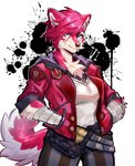 alternate_species anthro bandage blue_eyes bottomwear chest_tuft clothing ear_piercing facial_piercing female female_anthro furrification hair hand_in_pocket jacket kemono looking_at_viewer nose_piercing pants piercing pink_body pink_hair pockets solo topwear tuft kamikami league_of_legends riot_games tencent vi_(lol) canid canine canis mammal wolf hi_res