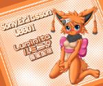 anthro biped blue_eyes blush breasts female fur kneeling nude orange_body orange_fur simple_background solo text peterpika handymonsters canid canine fox mammal 6:5 english_text japanese_text