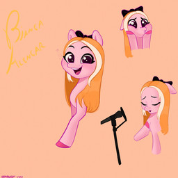 accessory black_eyebrows black_hair_bow blonde_mane blush bow_ribbon ears_down eyebrows eyelashes eyes_closed female feral foot_on_own_face fur hair_accessory hair_bow hair_ribbon heart_symbol hoof_on_chest hoof_on_face hooves long_mane looking_at_viewer mane microphone_stand multicolored_mane open_mouth open_smile orange_background orange_mane pink_body pink_fur pink_hooves pivoted_ears ponification pouting purple_eyes ribbons simple_background singing smile smiling_at_viewer solo sparkles sparkling_eyes teeth text two_tone_mane unguligrade starburst_uwu hasbro my_little_pony real_world bianca_alencar earth_pony equid equine horse mammal pony 1:1 2023 absurd_res artist_name character_name colored digital_drawing_(artwork) digital_media_(artwork) english_description hi_res multiple_images shaded