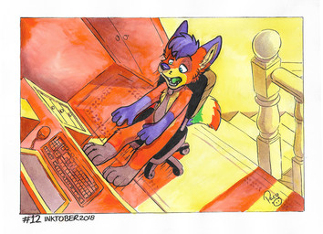 anthro blue_eyes computer_keyboard computer_mouse dipstick_ears ear_markings electronics fur gloves_(marking) green_eyes green_tongue hair leg_markings logo male markings monitor multicolored_ears narrowed_eyes necktie open_mouth orange_body orange_fur purple_body purple_fur purple_hair short_hair socks_(marking) solo striped_markings striped_tail stripes tail tail_markings tongue white_body white_fur yawn young young_anthro young_male pandapaco canid canine mammal 2018 artist_logo dated signature