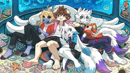 anthro antlers biped blonde_hair brown_hair claws clothed clothing dipstick_tail eyebrow_through_hair eyebrows floppy_ears fur group hair hooves horn inner_ear_fluff male markings pawpads tail tail_markings translucent translucent_hair tuft white_body white_fur white_hair penguinexperience aiden_(penguinexperience) ladon_(character) asterozoan canid canine canis cnidarian deer domestic_dog echinoderm fish fox jellyfish mammal marine medusozoan starfish 16:9 hi_res widescreen