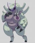 anthro big_breasts breasts exoskeleton female genitals nipples non-mammal_breasts non-mammal_nipples pokemorph pussy simple_background solo spazkid nintendo pokemon arthropod crustacean generation_7_pokemon golisopod marine pokemon_(species)