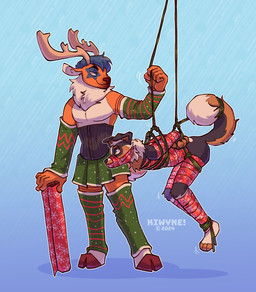 anthro antlers armwear bdsm biped black_body black_fur blue_eyes blue_hair bondage bottomwear bound brown_antlers cheek_tuft christmas_clothing closed_smile clothed clothing crossdressing duo facial_tuft floppy_ears front_view fur gift_wrapped glistening glistening_eyes green_armwear green_bottomwear green_clothing green_legwear green_skirt hair hands_behind_back holidays horn legwear male mouth_closed narrowed_eyes neck_tuft orange_body orange_fur person_as_gift restraints rope rope_bondage short_hair side_view simple_background skirt slave smile standing suspension suspension_bondage tuft white_body white_fur kiwyne christmas pinereese saturdaii_(fauxcroft) canid canine canis deer domestic_dog mammal digital_media_(artwork) hi_res