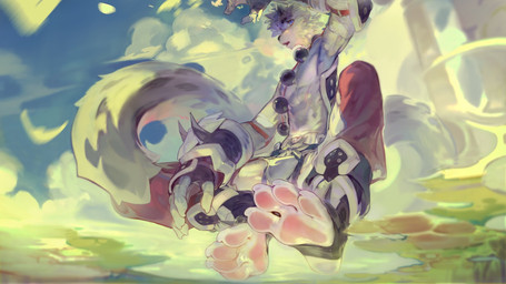 anthro armwear black_eyebrows black_horn black_nose blue_eyes blue_sky bottomwear claws clothed clothing cloud eyebrows fur hair horn male male_anthro open_clothing open_mouth open_topwear outside pants pawpads pink_pawpads red_bottomwear red_clothing red_pants sky solo toe_claws topwear white_body white_claws white_fur white_hair carbonizedaki species_request 16:9 hi_res widescreen