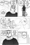 anthro biceps canid canine canis comic dialogue domestic_dog english_text felid greyscale hi_res lion male mammal monochrome muscular pantherine pecs ryuu_majin speech_bubble text