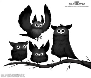 ambiguous_gender black_body black_eyes black_feathers branch feathered_wings feathers feral flying glowing glowing_eyes group humor pun silhouette simple_background size_difference visual_pun white_background wings wood piper_thibodeau avian bird owl digital_media_(artwork) digital_painting_(artwork) painting_(artwork)