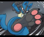 3_toes action_pose ambiguous_gender angry anthro blue_body blue_fur feet foot_focus fur hindpaw kick looking_at_viewer pawpads paws pose simple_background solo tail teeth toes whyvern nintendo pokemon canid canine generation_4_pokemon lucario mammal pokemon_(species) absurd_res digital_media_(artwork) hi_res redraw