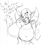 big_breasts breasts cleavage clothed clothing derp_eyes fangs female huge_breasts humanoid_pointy_ears humor pointy_ears solo teeth text tryfag fossil_fighters duna_nichs english_text monochrome