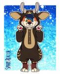 4_fingers anthro blue_eyes blue_hair clothing fingers fluffy fur green_eyes grin hair heterochromia kigurumi kyro_fox male multicolored_body multicolored_fur onesie pose shy smile snout solo sparks_reactor kyro_(phoenix2014) canid canine deer fox mammal 2017 digital_media_(artwork) hi_res