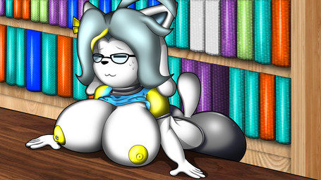 anthro areola big_breasts big_butt blonde_highlights book bookshelf bottomwear breasts butt choker clothed clothing clothing_lift e=mc2 embarrassed eyewear female furniture glasses highlights_(coloring) jewelry leaning_on_desk leaning_on_table library necklace nerd nipple_piercing nipples pants piercing raised_clothing shirt shirt_lift short_tail solo t-shirt tail topwear wardrobe_malfunction yellow_areola yoga_pants spdy4 undertale undertale_(series) temmie_(undertale) tem 16:9 absurd_res digital_media_(artwork) hi_res widescreen