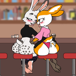 after_kiss anthro big_butt bodily_fluids bottomless bottomwear butt butt_grab clothed clothing clothing_lift drunk duo feet female female/female hand_on_butt horn kissing saliva skirt skirt_lift substance_intoxication underwear undressing hexecat aggretsuko sanrio tsunoda_(aggretsuko) deer lagomorph leporid mammal rabbit 1:1 absurd_res hi_res