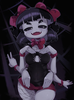 5_eyes 6_arms accessory bangs bedroom_eyes black_clothing black_eyes black_hair black_sclera black_shirt black_topwear blunt_bangs blush blush_lines bottomwear bow_(feature) bow_accessory bow_ribbon bow_tie breasts cleavage cleavage_cutout clothed clothed_female clothed_humanoid clothing cute_fangs cutout eye_through_hair fangs female female_humanoid fingers fishnet_clothing fishnet_legwear front_view fully_clothed fully_clothed_female fully_clothed_humanoid gesture glistening_thighs grey_body grey_skin hair hair_accessory hair_bow hair_ribbon hand_gesture hand_on_breast hand_on_own_breast hands_on_hips hands_together legwear looking_at_viewer medium_breasts multi_arm multi_eye multi_limb narrowed_eyes open_mouth open_smile pigtails pose red_bottomwear red_bow red_bow_tie red_clothing red_shorts ribbons seductive shirt short_hair shorts sleeveless_shirt small_waist smile smiling_at_viewer solo spider_web teeth thick_thighs thigh_gap topwear translucent translucent_hair twin_bows twin_hair_bows v_sign wide_hipped_female wide_hipped_humanoid wide_hips wristband imerald undertale undertale_(series) muffet animal_humanoid arachnid arachnid_humanoid arthropod arthropod_humanoid humanoid spider spider_humanoid absurd_res hi_res