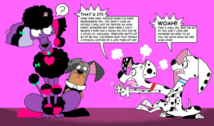 alternative_fashion angry anthro black_body black_fur blue_collar collar comic_panel confrontation female feral fur goth heart-shaped_pupils holding_back male markings pink_background pink_collar purple_body purple_fur red_collar restraining simple_background skull_accessory speech_bubble spots spotted_body spotted_fur text yelling danukistudio 101_dalmatian_street 101_dalmatians disney dolly_(101_dalmatians) dylan_(101_dalmatians) portia_(101_dalmatian_street) spencer_(101_dalmatians) canid canine canis dachshund dalmatian domestic_dog hunting_dog mammal poodle comic hi_res