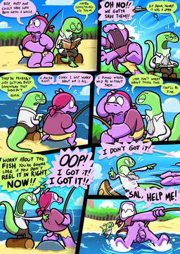 anthro balls bodily_fluids body_hair book clothed clothed_anthro clothed_male clothing cravat dialogue duo fish_hook fishing fishing_rod foreskin genitals green_body happy_trail hook island kerchief log male partially_clothed_anthro partially_clothed_male penis pubes purple_body rock sea shorts_removed speech_bubble sweat teeth text water wood theenfman henry_hippo_(theenfman) salvador_salamander amphibian common_hippopotamus hippopotamid mammal salamander comic english_text hi_res