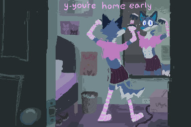 anthro arm_warmers armwear bed bedroom blue_body blue_fur clothed clothing crop_top crossdressing dancing detailed_background dialogue femboy fur furniture legwear male mirror mirror_reflection music pattern_clothing pattern_legwear pattern_thigh_highs pink_arm_warmers pink_armwear pink_clothing pink_crop_top pink_legwear pink_shirt pink_text pink_thigh_highs pink_topwear reflection shirt solo standing striped_clothing striped_legwear striped_thigh_highs stripes text thigh_highs topwear demensa caramelldansen emil_(demensa) canid canine canis coyote domestic_dog mammal 2025 3:2 digital_media_(artwork) english_text hi_res meme pixel_(artwork)