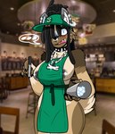 anthro apron apron_only arm_tuft blush bodily_fluids bottomless bottomless_female breasts chest_tuft claws clothed clothing collar container cup dreadlocks dual_holding ear_piercing ear_ring ellipsis facial_piercing female green_apron green_clothing hat headgear headwear holding_container holding_cup holding_object holding_pen ice jewelry metal metal_teeth mostly_nude necklace nipple_piercing nipple_slip nipples nose_piercing nose_ring pen piercing ring_piercing septum_piercing shoulder_tuft solo speech_bubble sweat sweatdrop text text_on_clothing text_on_hat text_on_headwear tuft writing_utensil darkwolfhybrid i_mean_breast_milk starbucks nikole_(darkwolf) canid canine canis domestic_dog german_shepherd herding_dog husky hybrid mammal nordic_sled_dog pastoral_dog spitz absurd_res hi_res meme