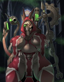2_horns adeptus_mechanicus anthro areola areola_slip axe battle_axe belly big_breasts biped bottomwear breasts clothing female front_view gas_mask gun hairless_tail handgun holding_battle_axe holding_gun holding_handgun holding_melee_weapon holding_object holding_pistol holding_ranged_weapon holding_weapon horn huge_breasts loincloth mask melee_weapon one_eye_obstructed pistol prehensile_tail ranged_weapon rat_tail red_clothing red_hood red_robe robe scar slightly_chubby slightly_chubby_anthro slightly_chubby_female solo standing tail thick_thighs weapon x_scar sepiruth warhammer_(franchise) mammal murid murine rat rodent skaven absurd_res hi_res