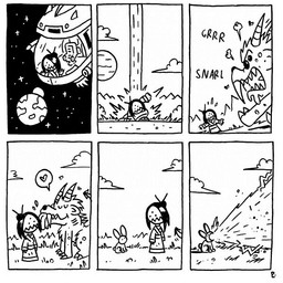 3_eyes attack blast cloud fangs female feral heart_symbol horn humor licking licking_another multi_eye planet snarling spacecraft teeth teleportation tongue tongue_out vehicle unknown_artist chucklefish starbound alien canid canine humanoid hylotl lagomorph leporid mammal monster rabbit comic monochrome sequence
