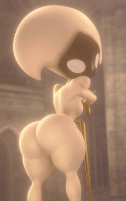 anthro big_butt black_body bottom_heavy breasts butt empty_eyes female holding_object holding_weapon looking_at_viewer looking_back looking_back_at_viewer rear_view shaking_butt solo thick_thighs weapon white_body white_eyes wide_hips nurico hollow_knight:_silksong hollow_knight_(franchise) team_cherry lace_(hollow_knight:_silksong) arthropod insect 3d_(artwork) 3d_animation 5:8 animated digital_media_(artwork) no_sound short_playtime video