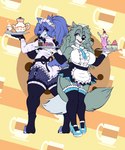 anthro big_breasts big_butt blue_body blue_fur breasts butt cafe clothing curvy_figure duo female fluffy fluffy_tail fur maid_apron maid_hat maid_uniform serving smile tail uniform voluptuous white_body white_fur moko_(artist) avi_(moko) harriet_(harry_amoros) canid canine canis mammal wolf 5:6 hi_res unavailable_at_source