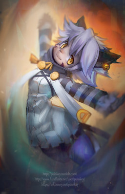 anthro breasts clothed clothing female fingers fully_clothed hair purple_hair small_breasts smile solo text yellow_eyes puinkey_(artist) cyberconnect2 little_tail_bronx solatorobo elh_melizee american_shorthair domestic_cat felid feline felineko felis mammal 2015 hi_res traditional_media_(artwork) url