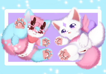 anthro blue_body blue_fur butt chest_tuft duo female front_view fur genitals intersex intersex/female intersex/intersex multicolored_body multicolored_fur pink_body pink_fur purple_body purple_eyes purple_fur rear_view red_body red_eyes red_fur sex_toy show spread_legs spreading tail tuft vaginal vulva white_body white_fur young shiningcanc canid canine domestic_cat felid feline felis fox mammal hi_res