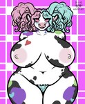 anthro areola big_areola big_breasts blue_hair blue_pubes breasts female fur hair hands_behind_back heart_(marking) markings multicolored_body multicolored_fur multicolored_hair navel open_mouth pink_eyes pink_hair pubes slightly_chubby slightly_chubby_female solo teal_pubes thick_thighs two_tone_hair krystiracoon lotty_(charliecorvinus) bovid bovine cattle mammal hi_res