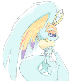 ambiguous_gender anthro antlers apron apron_only biped black_sclera chest_tuft clothing countershade_torso countershading digitigrade fluffy fluffy_tail fur head_wings horn huge_wings looking_at_viewer looking_back looking_back_at_viewer mouthless multicolored_body multicolored_eyes multicolored_fur neck_tuft orange_body orange_fur partially_clothed_anthro pink_eyes pupils rear_view simple_background solo tail tan_body tan_fur teal_body teal_eyes teal_fur three-quarter_view tuft unusual_wing_placement white_background wings amateru_kai kirby_(series) nintendo fecto_elfilis alien chinchilla chinchillid mammal rodent starling_(kirby) 2022 colored_sketch digital_drawing_(artwork) digital_media_(artwork) portrait sketch three-quarter_portrait