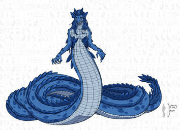 5_fingers anthro apode blue_body blue_hair blue_scales blue_tail breasts claws female finger_claws fingers front_view hair legless looking_at_viewer non-mammal_breasts scales serpentine smile solo tail yellow_eyes nulia draconcopode naga reptile scalie snake 2025 digital_media_(artwork) hi_res