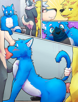 anal anal_penetration anthro balls big_butt bodily_fluids butt erection genital_fluids genitals group knot locker locker_room male male/male nude penetration penis sex tail trio wildblue fluffoe skydavis wildblue_(character) canid canine canis felid feline mammal wolf comic hi_res