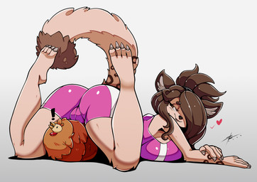 anthro ass_up athletic_wear bottomwear bra breast_squish breasts brown_body brown_hair butt camel_toe clothed clothing duo exercise female feral fur gym gym_bottomwear gym_shorts hair heart_symbol shorts simple_background smile sports_bra sportswear squish surprised tail underwear pinart ambient_among_us among_us innersloth elizabeth_mendoza pepe_mendoza avian bird chicken felid feline galliform mammal pantherine phasianid snow_leopard hi_res