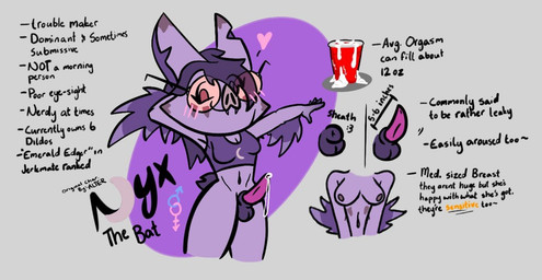 animal_genitalia anthro balls blush blush_lines erection eyewear female_symbol fully_sheathed gender_symbol genitals glasses gynomorph heart_symbol intersex male_symbol notched_ear penis purple_body sheath solo stated_penis_size symbol text alternativefoot nyx_(alternativefoot) bat mammal english_text model_sheet