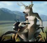 andromorph anthro antlers black_body black_fur day detailed_background dirt_bike fur genitals grass horn intersex lens_flare looking_at_viewer motorcycle mountain multicolored_body multicolored_fur nude plant pussy sitting sky solo two_tone_body two_tone_fur vehicle white_body white_fur miraoff suzuki jayne_doe cervine deer mammal