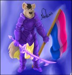 anthro armor bisexual_pride_colors black_border border brown_body brown_fur female flag fur holding_object holding_weapon lgbt_pride male melee_weapon pride_color_flag pride_colors purple_armor solo sword weapon notamo canid canine canis mammal wolf absurd_res hi_res