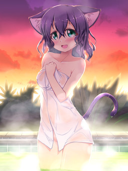 bath bathing black_hair blush breasts cloud covering covering_self female hair nude short_hair skinny_dipping sky solo tail towel towel_only wet matatabi_(2ccp) sanrio show_by_rock!! cyan_hijirikawa animal_humanoid cat_humanoid felid felid_humanoid feline feline_humanoid humanoid mammal mammal_humanoid 3:4 hi_res