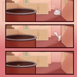 ambiguous_gender can container duo ellipsis feral fur green_body hiding inside kitchen male predator/prey tail white_body white_fur waddledox domestic_cat felid feline felis gecko lizard mammal reptile scalie 1:1 2026 comic digital_drawing_(artwork) digital_media_(artwork) hi_res