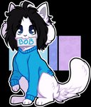 black_hair blue_clothing blue_eyes blue_shirt blue_topwear clothing eyebrow_through_hair eyebrows feral fluffy hair inner_ear_fluff male name_tag shirt simple_background solo topwear translucent translucent_hair tuft white_body tayga-crafts undertale undertale_(series) bob_(undertale) canid canine felid feline mammal tem alpha_channel