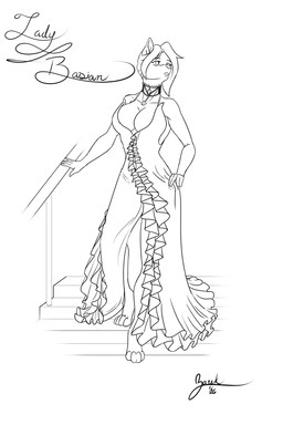 anthro clothing decollete dress fancy_clothing fancy_dress female gala_dress gem hand_on_hip jewelry neckwear railing solo stairs bluhellwulf basian canid canine canis domestic_dog husky mammal nordic_sled_dog spitz absurd_res hi_res line_art monochrome