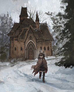 anthro biped building church cloak clothed clothing day dipstick_tail front_view fully_clothed gothic_architecture hair looking_back markings outside plant snow solo tail tail_markings trail tree walking winter amaryllisno canid canine fox mammal absurd_res digital_media_(artwork) digital_painting_(artwork) hi_res painting_(artwork)