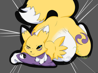 abdominal_bulge ambiguous_gender anthro arm_warmers armwear ass_up belly big_belly biped black_border black_sclera blue_eyes bodily_noises border bottomless cheek_tuft clothed clothing countershade_torso countershading crossed_arms dipstick_ears dipstick_tail ear_markings facial_markings facial_tuft front_view fur green_text grey_background head_markings looking_back lying markings mostly_nude multicolored_body multicolored_ears multicolored_fur multicolored_tail offscreen_character on_front on_ground one_eye_closed oral_vore purple_arm_warmers purple_armwear purple_clothing purple_markings raised_tail rumbling_stomach simple_background smile soft_vore solo sound_effects tail tail_markings text three-quarter_view topless tuft vore white_body white_countershading white_fur yellow_body yellow_fur yin_yang pippuri bandai_namco digimon canid canine digimon_(species) mammal renamon 2015 dated digital_drawing_(artwork) digital_media_(artwork) hi_res signature