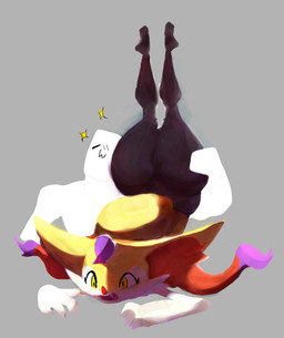 accessory ambiguous_gender anthro big_butt blush butt butt_grab caressing duo female fur hair hair_accessory hair_ribbon hand_on_butt holding_butt huge_butt inner_ear_fluff looking_at_viewer multicolored_body multicolored_fur multicolored_hair muscular muscular_humanoid open_mouth piercing ribbons simple_background smile thick_thighs tuft white_body white_fur wide_hips yellow_body perezoso nintendo pokemon fan_character mary_(hipcat) braixen canid canine canis fox generation_6_pokemon humanoid mammal pokemon_(species) digital_media_(artwork) hi_res