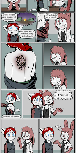 4_fingers anthro blue_eyes bottomwear breasts buckteeth camping cleaning_tool clenched_teeth clothing disgust eyeless eyewear female fingers glasses gore hair hoodie infestation insult itching jacket male mop parasite red_hair scar scut_tail short_tail skirt tail tail_motion tailwag teeth text topwear trypophobia e254e dr._emilia_(e254e) emil_(e254e) arthropod canid canine domestic_cat felid feline felis fox insect lagomorph larva leporid maggot mammal rabbit absurd_res comic english_text hi_res