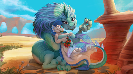 3_toes 4_fingers blue_body blue_hair blue_horn blue_skin blue_sky bodily_fluids claws cloud desert detailed_background duo eating feet female feral finger_claws fingers food fruit fur group hair horn hug hugging_another male multicolored_body multicolored_fur multicolored_hair multicolored_skin pepper_(fruit) plant rock sky sweat sweatdrop toe_claws toes two_tone_body two_tone_fur two_tone_hair two_tone_skin white_body white_skin teaselbone disney mythology raya_and_the_last_dragon rooth sisu_(ratld) aquatic aquatic_dragon dragon eastern_dragon furred_dragon furred_scalie mythological_creature mythological_scalie scalie 16:9 2021 digital_media_(artwork) hi_res signature widescreen