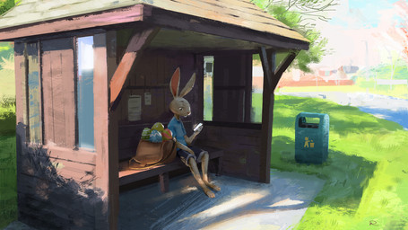 anthro backpack barefoot bottomwear clothed clothing day detailed_background egg feet grass male outside plant shirt shorts sitting solo topwear pelboy lagomorph leporid mammal rabbit 16:9 digital_media_(artwork) hi_res widescreen